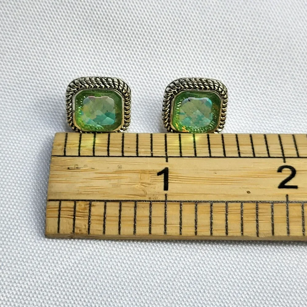 Napier Green White Cabochon‎ Square .5 inch Post Earrings Vintage 1970s